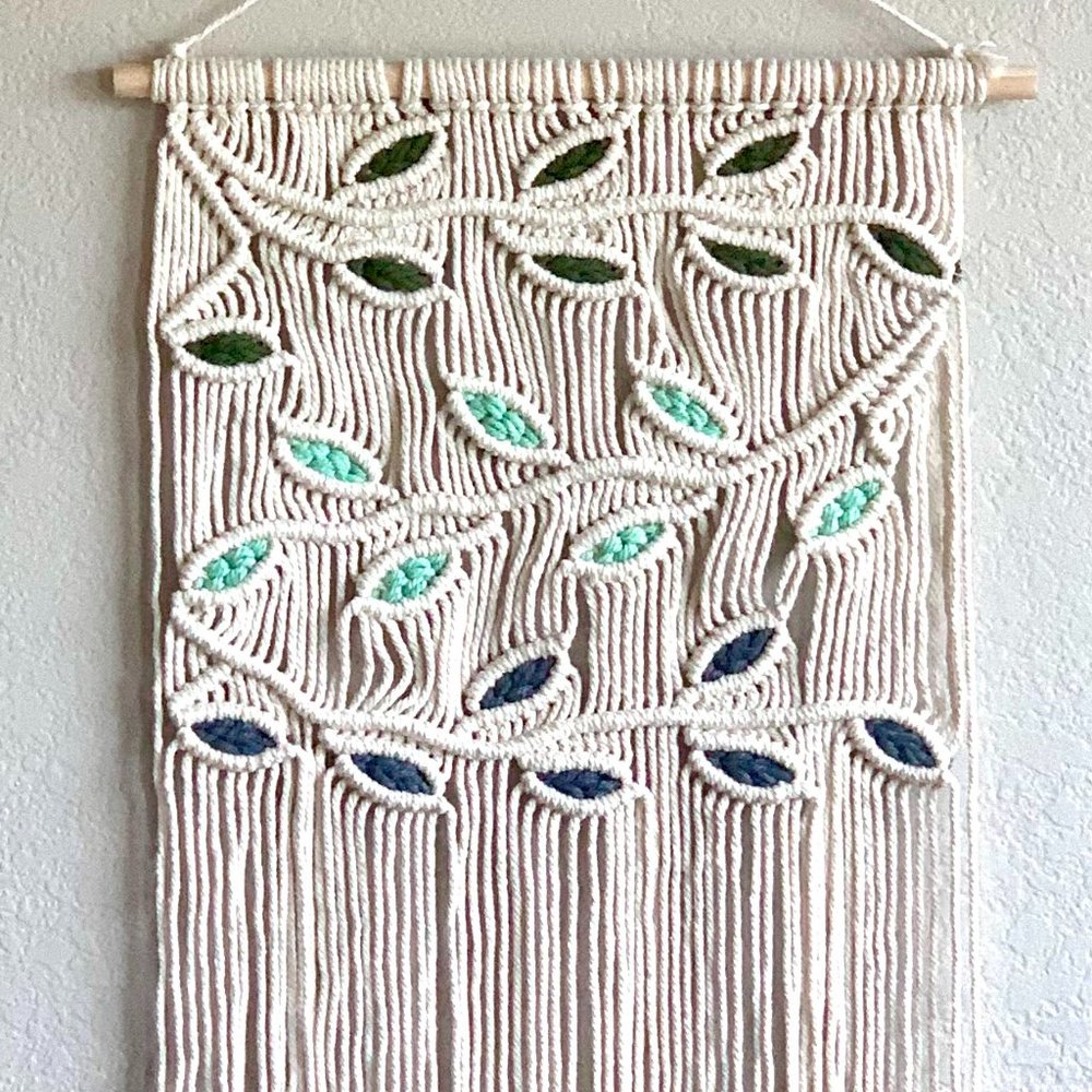Bohemian 45" Beige Green & Gray Blue Leaf Leaves Macramé Tapestry Wall Hanging